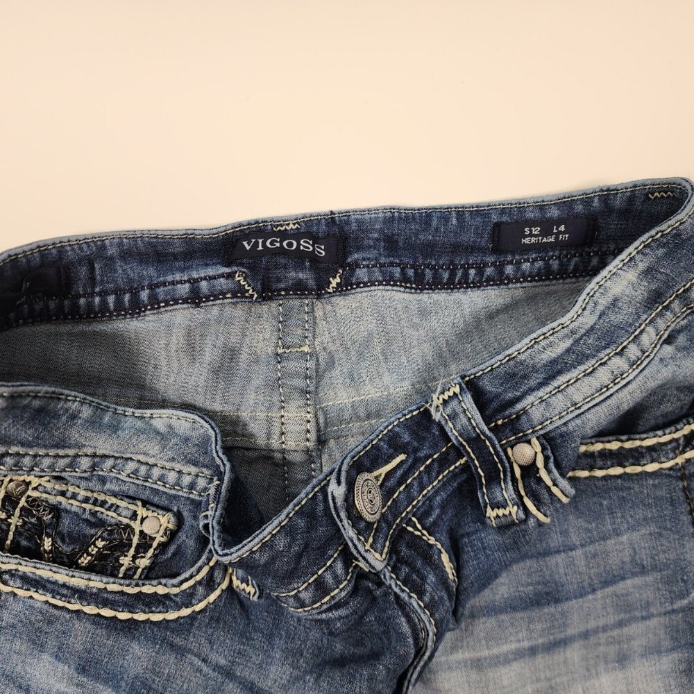 VIGOSS Heritage Fit Frayed Hem Embellished Denim‎ Shorts S 12 Thick Stitch - Picture 5 of 10